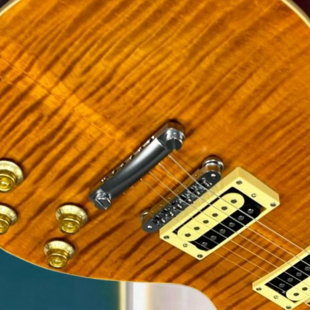 Amber Tiger Flame LPQW Style Electric Guitar Dual Humbucker Flamed Maple Top Block Fret Inlay Rock Guitar Solid Body