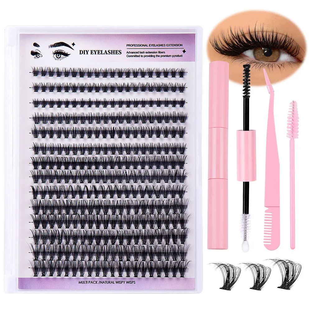 DIY Kit de Extensão Pestana, Clusters Hastes Delgadas, Super Fixed Mascara Brush, Bond e Seal, Cola e Olho, 280 pcs