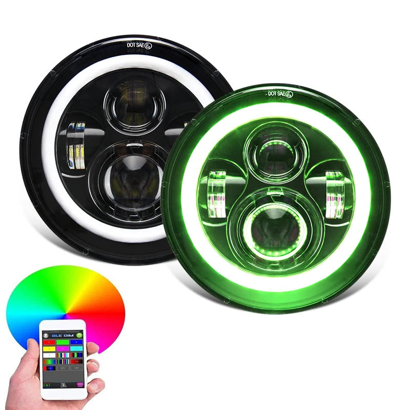 

OPPLIGHT 7 Inch Car LED Light Bulb RGB Color IP67 50000hrs Life Smartphone Approved Round LED Projector Headlight System for Car