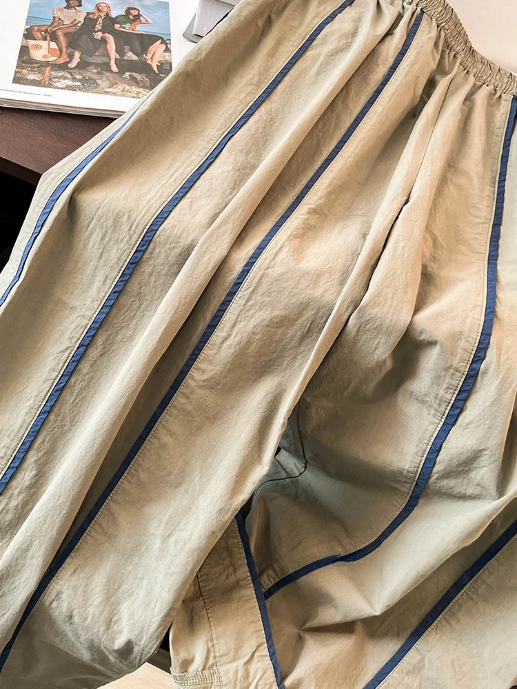 Pantalones de pierna ancha de lino y algodón con contraste retro para mujer Primavera Verano sueltos elásticos de cintura alta adelgazantes drapeados rectos nueve...