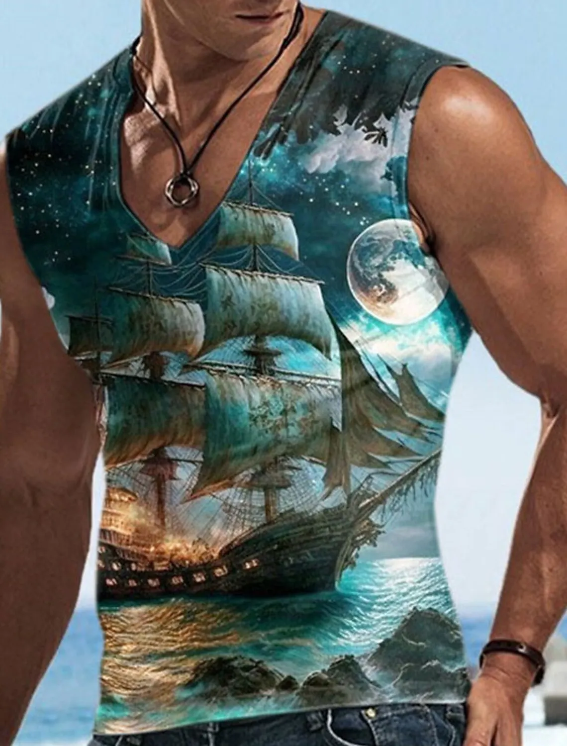 Fashion Summer Map Route 3D Printed Men's Sleeveless Vest T Shirt Sailor Short Sleeve Oversized V Neck Pullover Top Hot Sale