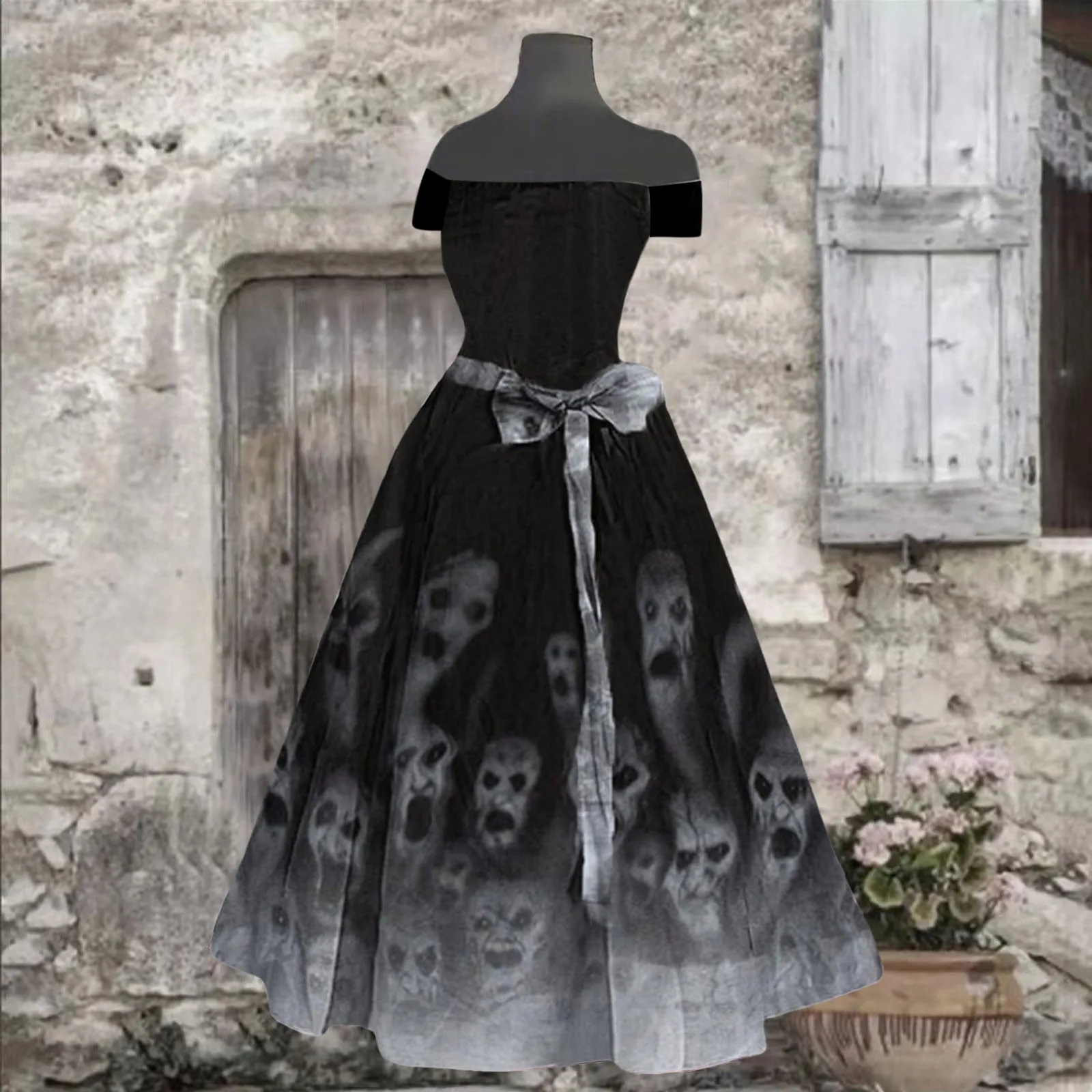 Chic Halloween Costumes For Women Bloody Ghost Print Flared Dress Strapless Tunic Sexy Cocktail Dress Vintage Party Dresses