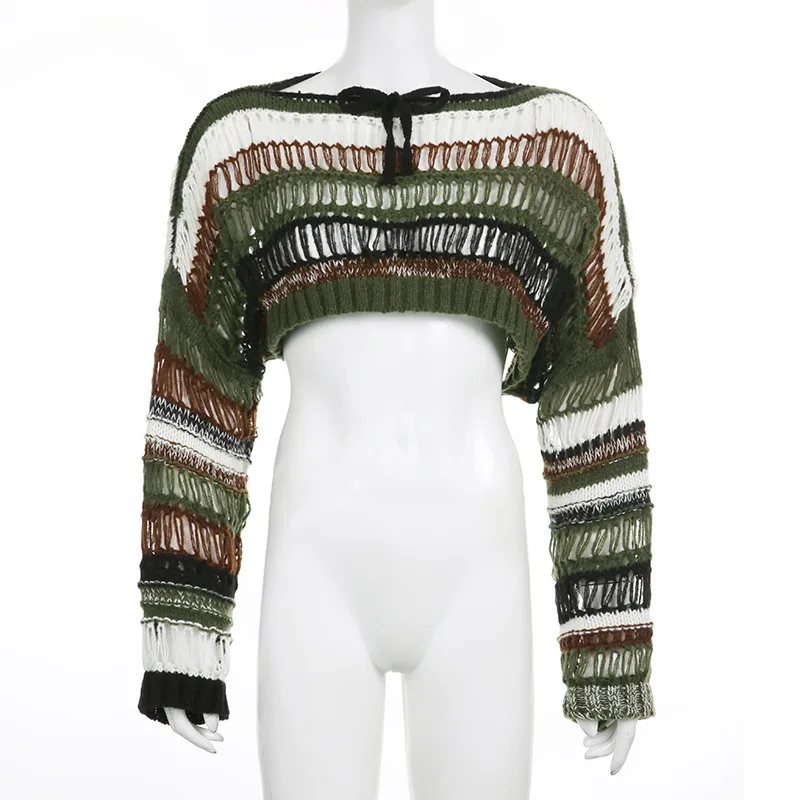 Y2k Striped Knit Sweater  Hollow Out Crochet Top Women Casual Pullover Beach Smock Streetwear 2023 Autumn Winter Female Clothing