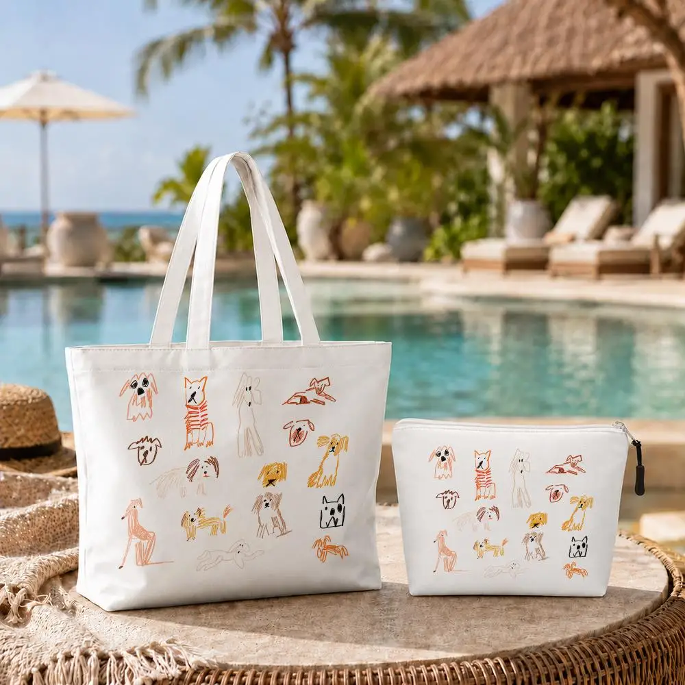 Interesting Dog Storage Bags 2-Piece Set Double-Sided Print with Zipper Canvas Eco Tote Bag for Beach Travel Picnic