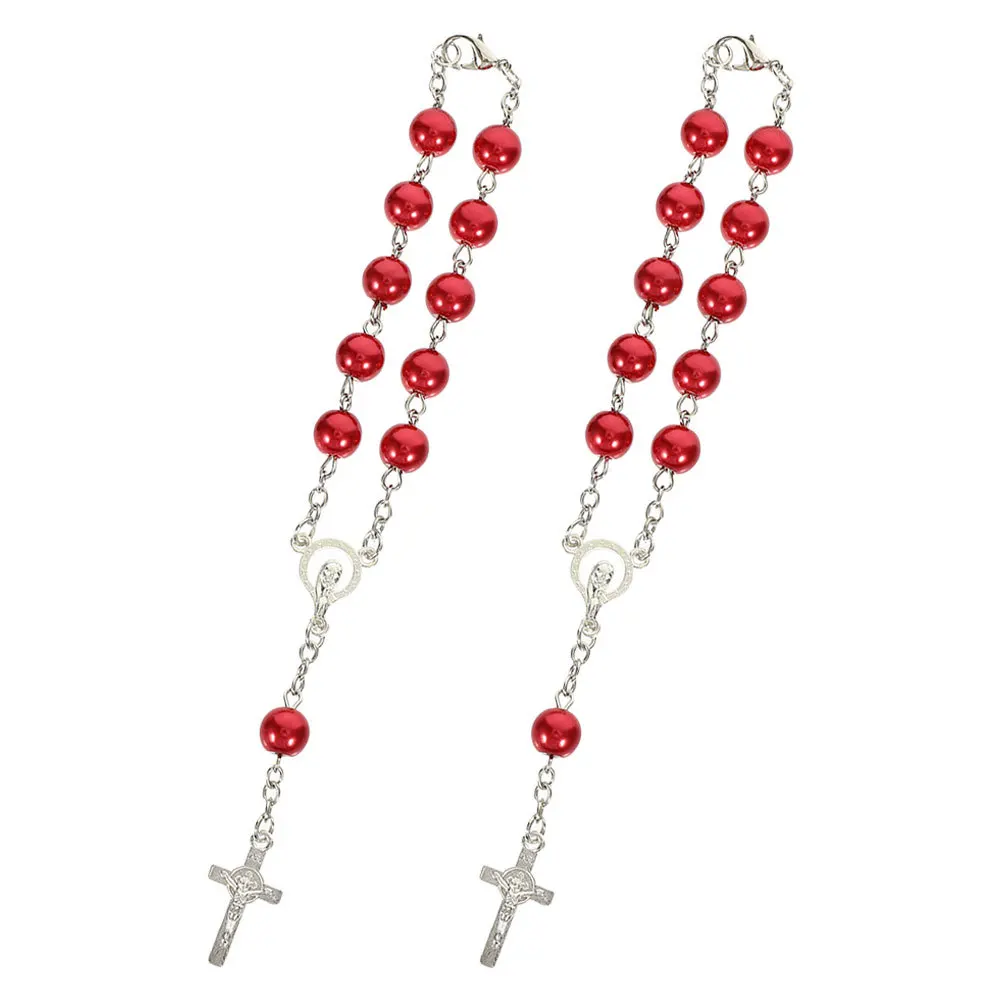 

2Pcs Car Rosary Beads Rearview Mirror Catholics Cross Pendant Auto Hanging Decor Silver Beads Men Women Anglican Rosary