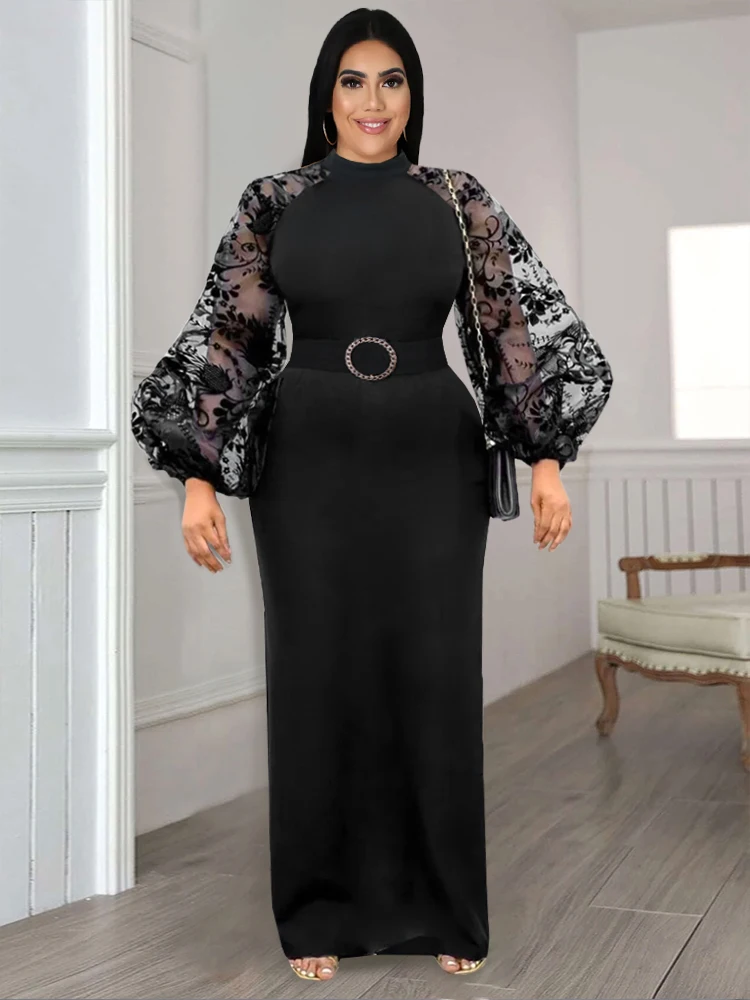 Black Long Dresses Plus Size 3XL 4XL See Through Long Sleeve High Waist Bodycon Evening Cocktail Event Party Gowns for Women