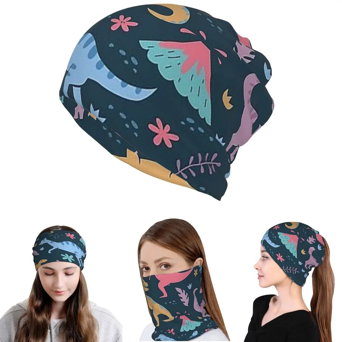 Colorful Dinosaurs Cartoon Bandana Neck Gaiter Wrap Mask Scarf Multi-use Cycling Scarf Beanies Hat for Unisex Adult All Season