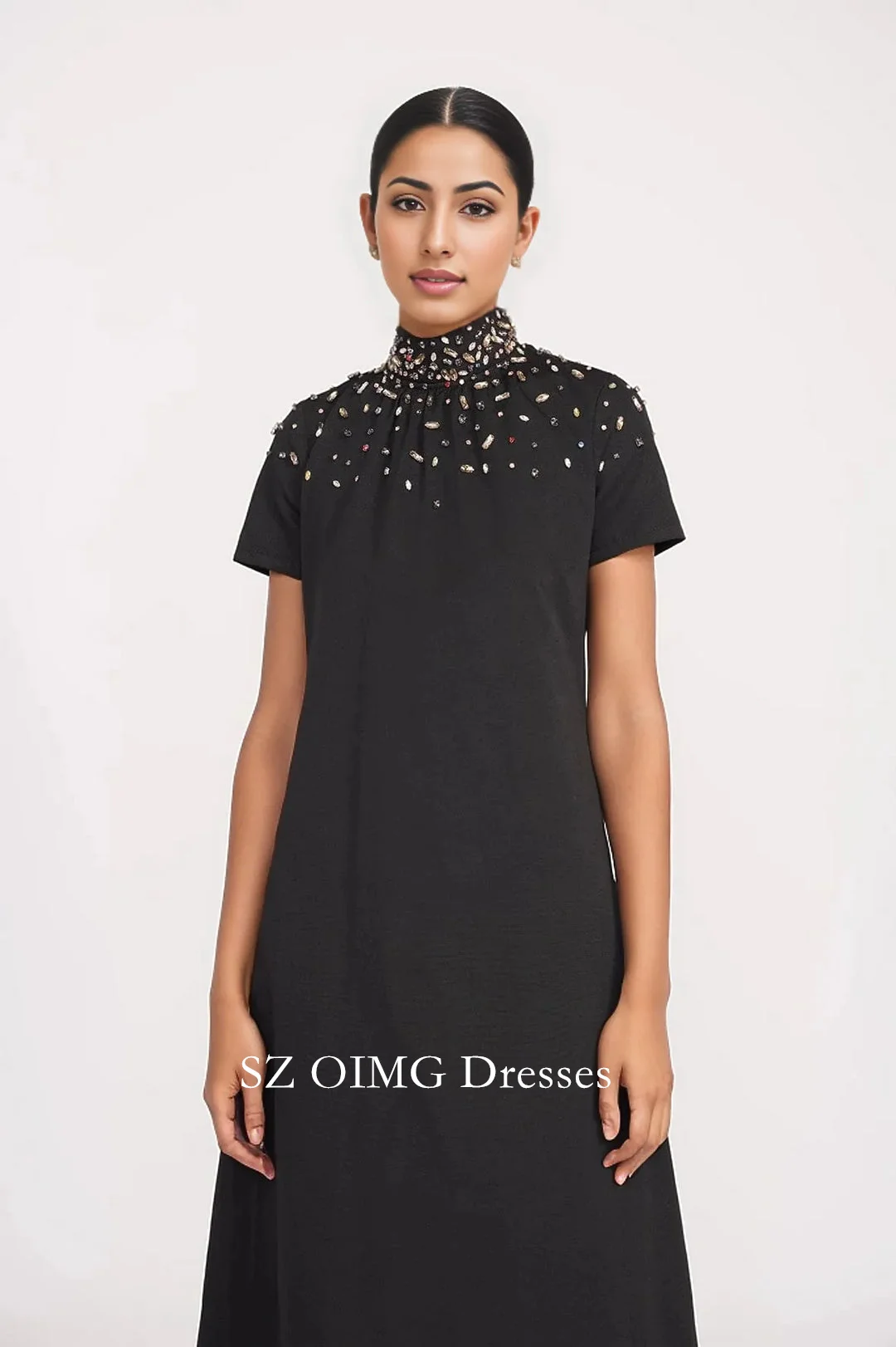 OIMG-vestido de noche de satén crepé con cuello alto, moda personalizada con lentejuelas y diamantes de imitación, vestidos de fiesta de boda negros para mujer 2024