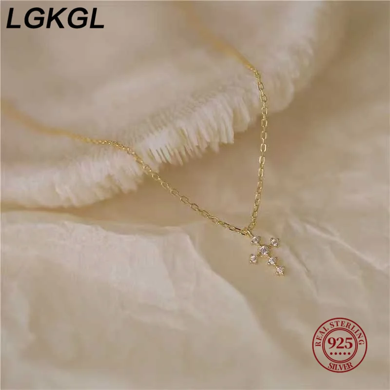 LGKGL ريال 925 فضة الزركون الصليب قلادة القلائد للنساء الحد الأدنى ضوء فاخر غرامة مجوهرات كوريا لطيف الملحقات