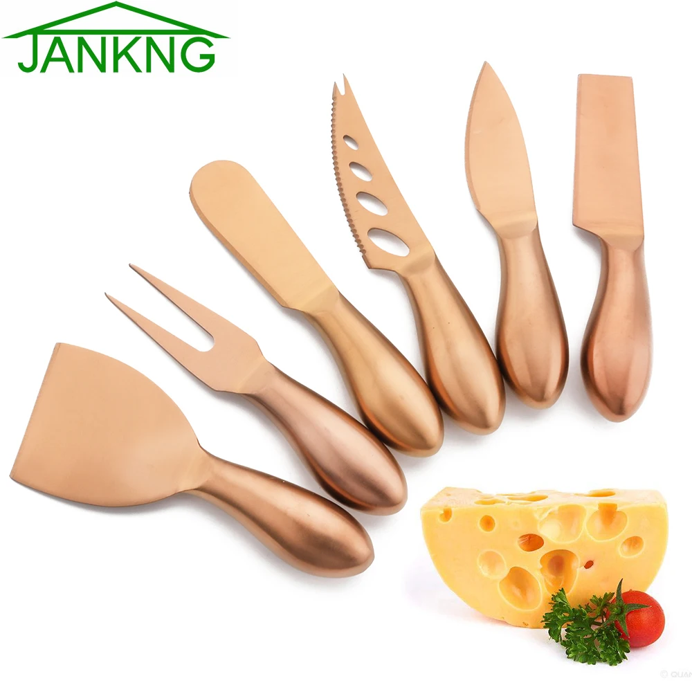 

JANKNG 6Pcs Matte Rose Cheese Knives Set Stainless Steel Cheese Cutlery Tool Cheese Slicer Cutter Multifunction Kitchen Gadgets