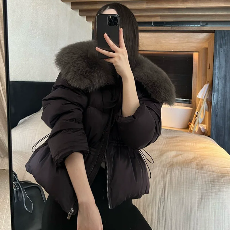 High-end Oversized Fox Fur Collar Waist Down Jacket For Women 2025 Winter Fashion Slimming Coat