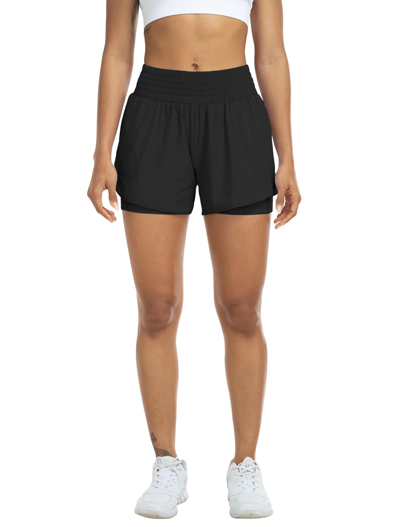 Short de sport taille haute pour femme, pour course à pied, yoga, design superposé, anti-exposition, fitness et entraînement avec poches