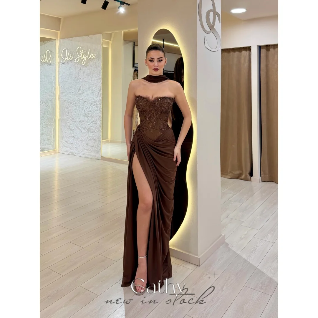 Vestido de Noche Formal Cathy Personalizado con Apliques de Encaje Marrón, Sin Mangas, con Abertura Lateral Alta, Estilo Sirena, Largo hasta el Suelo, 2026