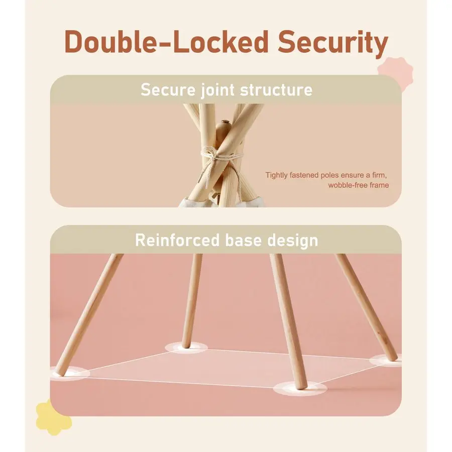 어린이용 접이식 티피 텐트, 휴대용 가방, 배너, 요정 조명, 올리브 가지, 네 개의 기둥 스타일의 원목 포함