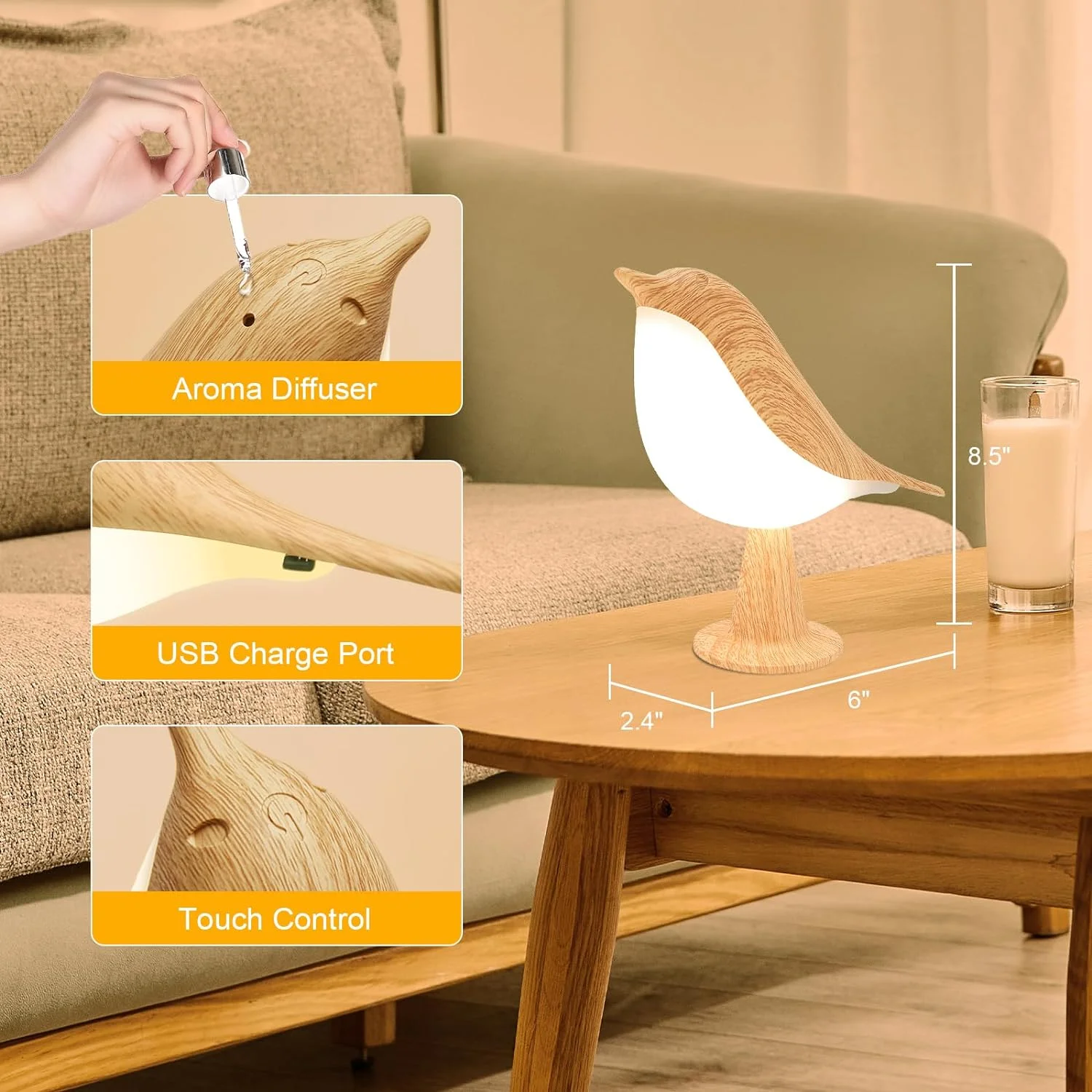 Simple Small Desk Bird Lamp Rechargeable Battery Night Light with 3 Color Temperature Dimmer and Touch Sensor for Bedroom Bedsid