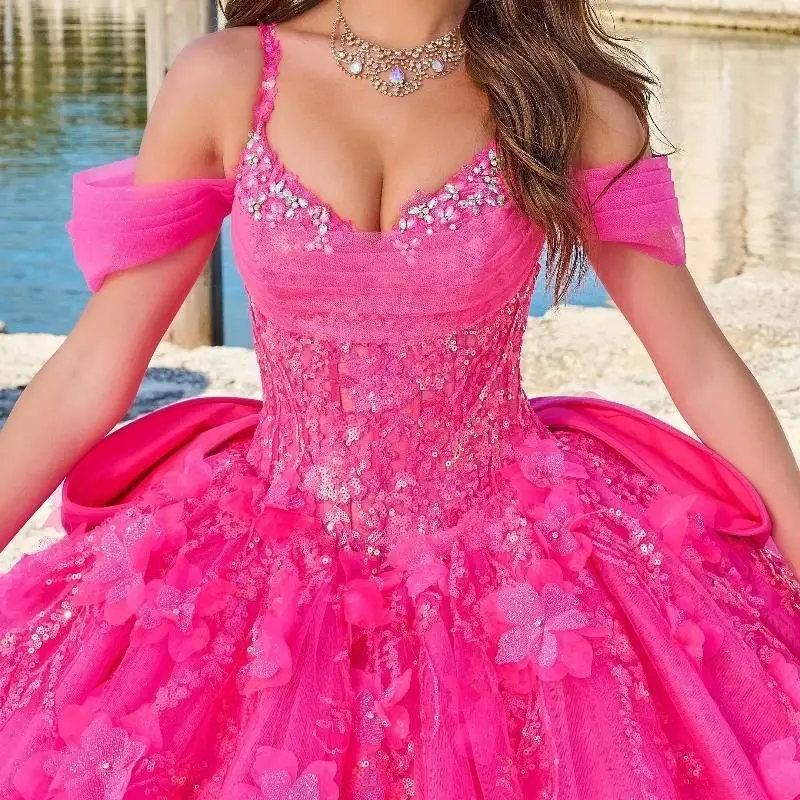 Rose Red Shiny Quinceanera Dress Ball Gown Princess Shape Chapel Train Beading Applique Lace Flower Bow Sweet 15 16 Birthday