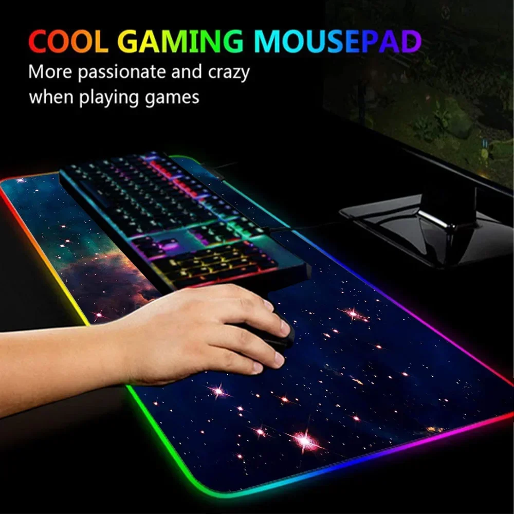 Imagem -02 - Grande Rgb Led Mouse Pad Grande Universo Mouse Mats Acessórios pc Gamer Galaxy Space Luminous Gaming 900x400 Via Láctea 80x30