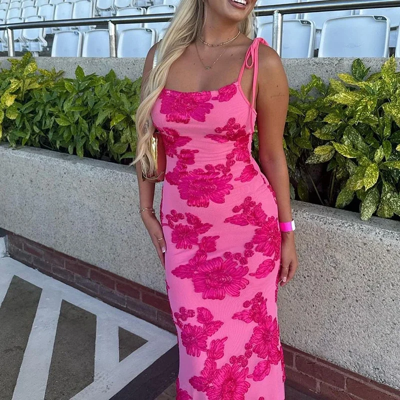 Summer New Suspender Bodycon Dress Sexy Low Cut Sleeveless Solid Wrap Hips Dress Elegant Lady Embroidery Printed Evening Dress