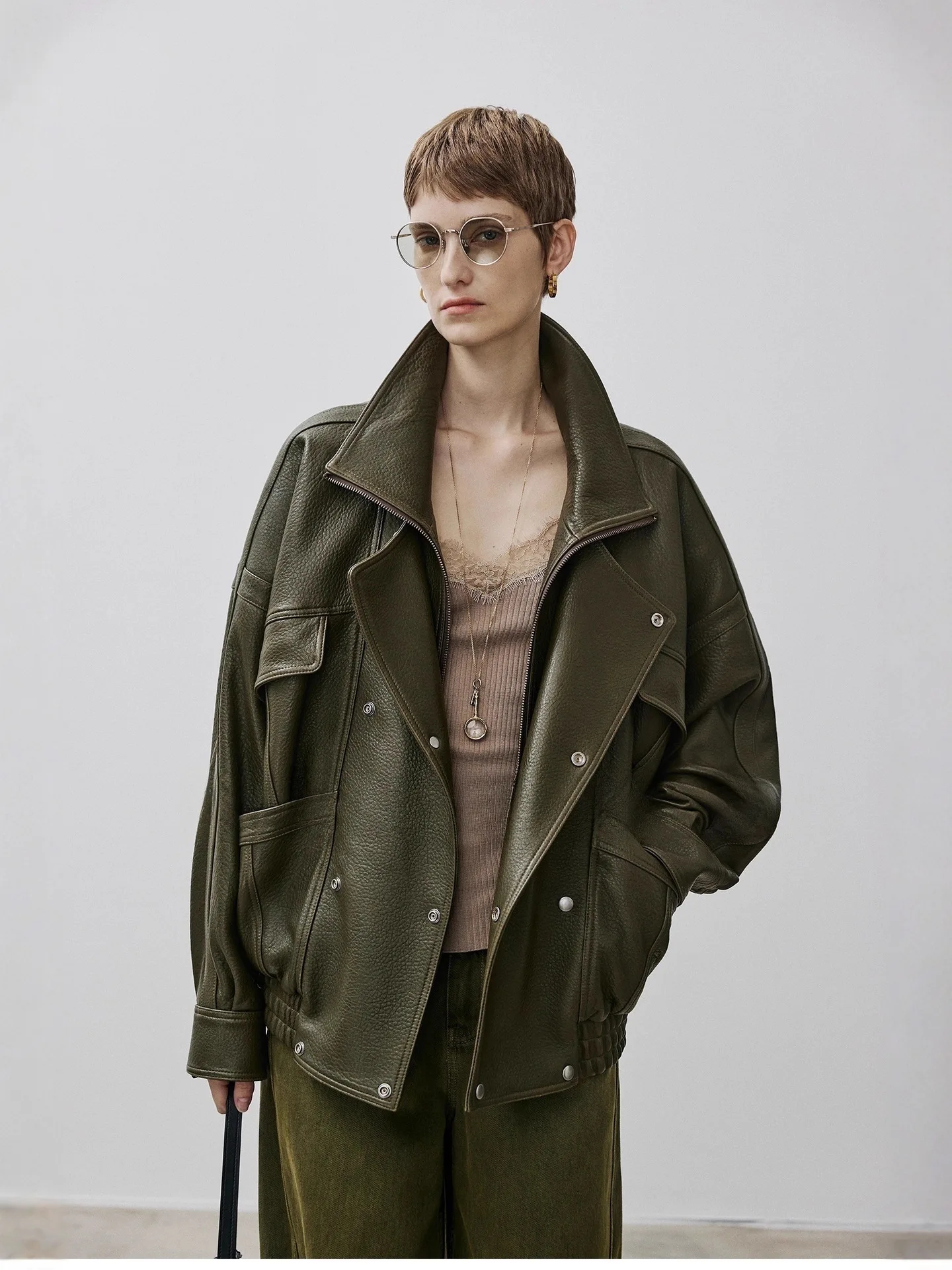 Trench da donna in pelle, pelle retrò in pelle di pecora importata, risvolto a doppio strato, linea divisoria, giacca in pelle silhouette