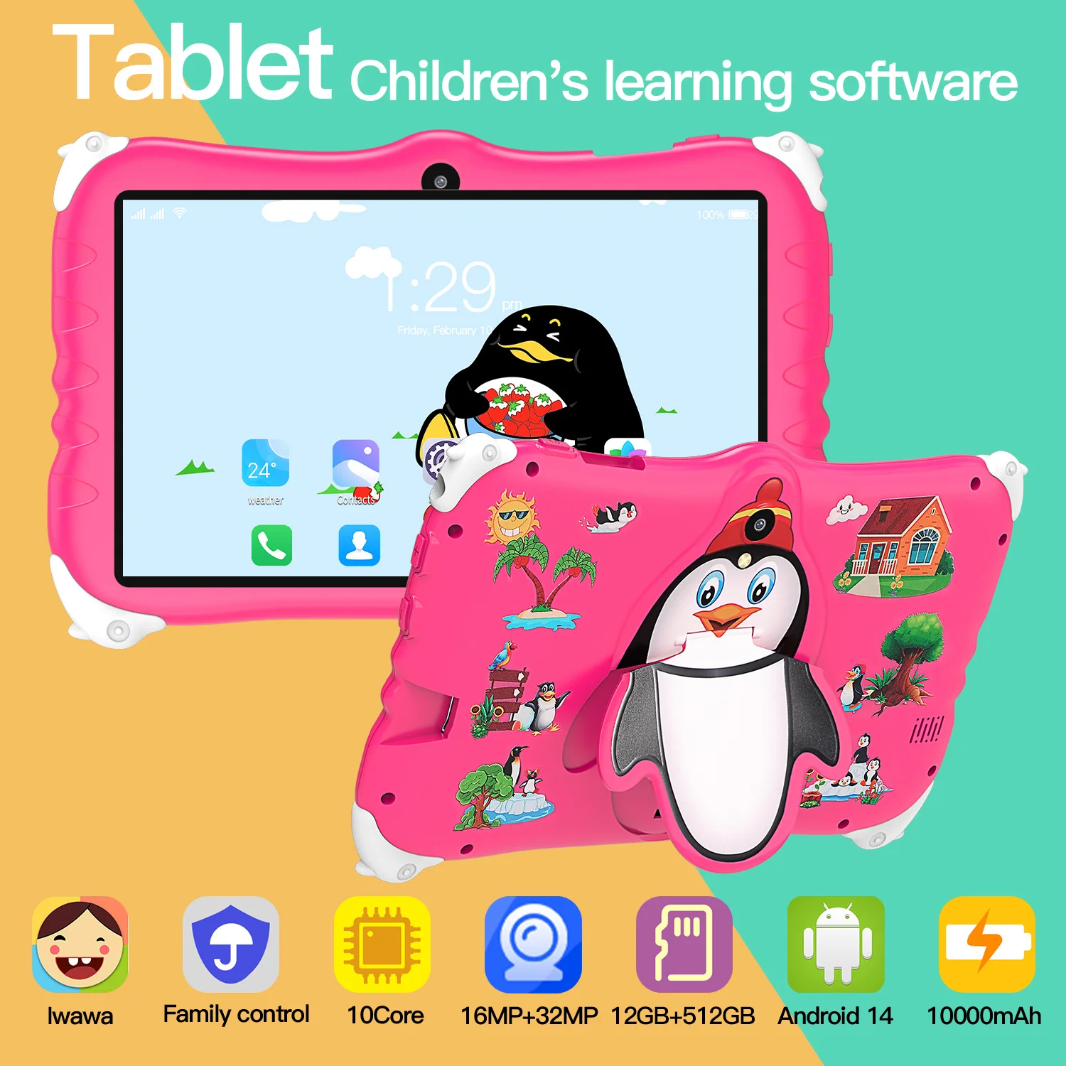 

New Kids Penguin Model Android 14 7-inch Tablet 12GB RAM 512GB ROM Bluetooth 5G GPS Snapdragon 888 Drop-proof Kids Enlightenment