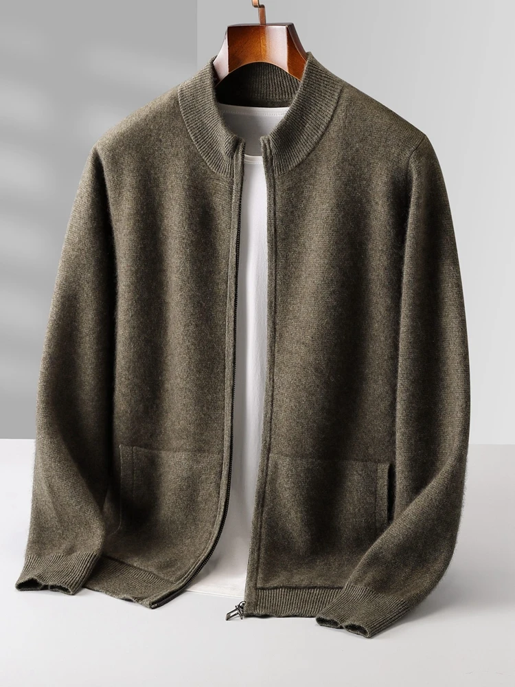 

Мужской кардиган из 100% чистой шерсти, свитер, осень-зима, высококачественная однотонная вязаная куртка с воротником-стойкой и карманами на молнии, умная повседневная куртка