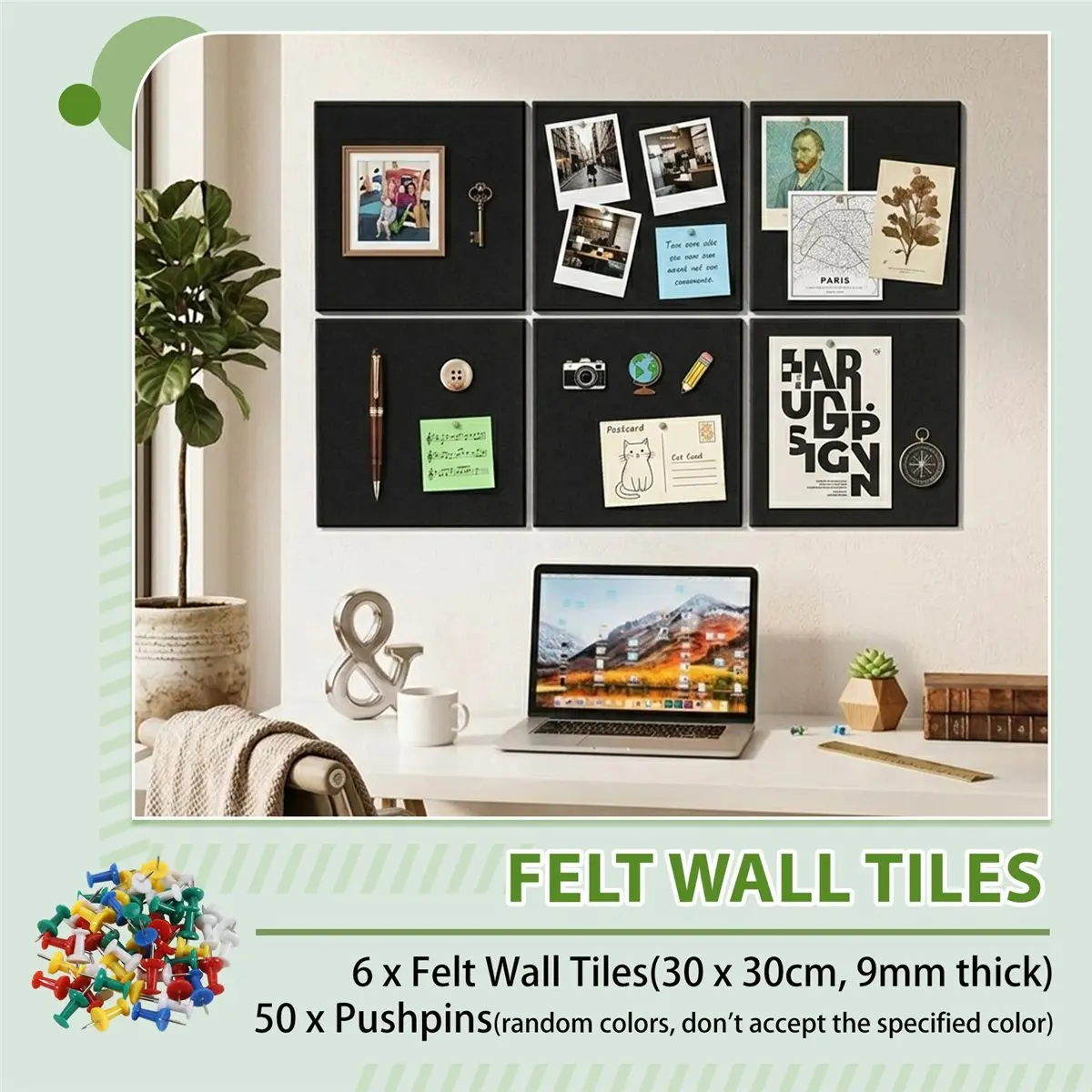 OK Cork Board Alternative, 6 Pack Felt Wall Tiles with 50 Pushpins, Black Cork Boards for Walls Cork Board