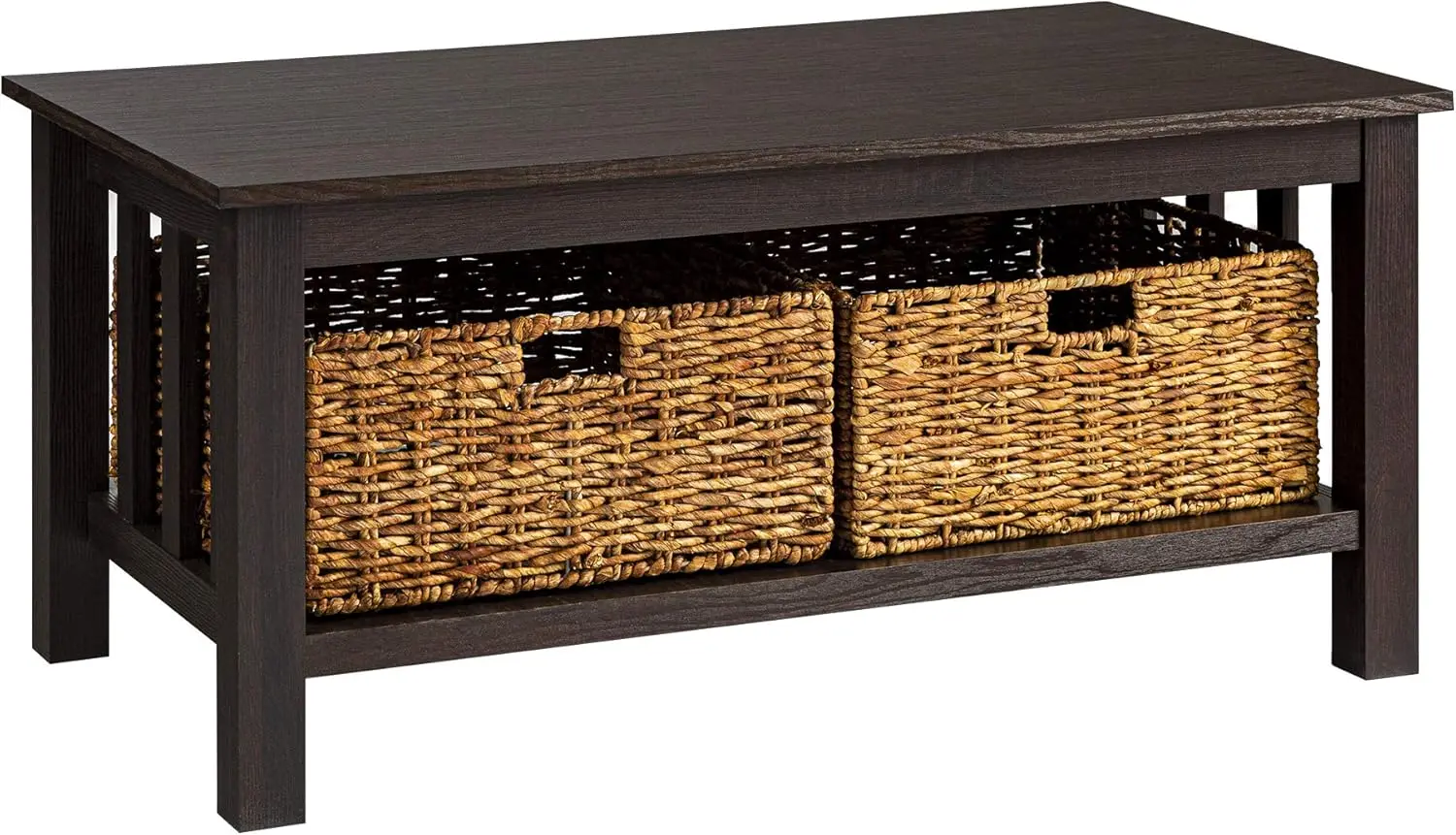 Alayna Mission Style Two Tier Coffee Table with Rattan Storage Baskets, 40 Inch, Espresso