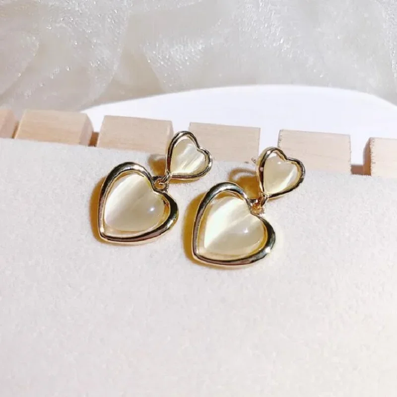

New Women Hanging Earrings Luxury Golden Stainless Steel Heart with Opal Pendant Piercing Dangle Earrings Fashion Party Jewelry