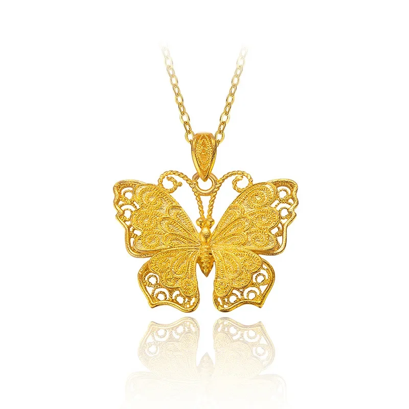 Collar de mariposa antigua hueca de oro amarillo de 24 quilates de oro real 9999