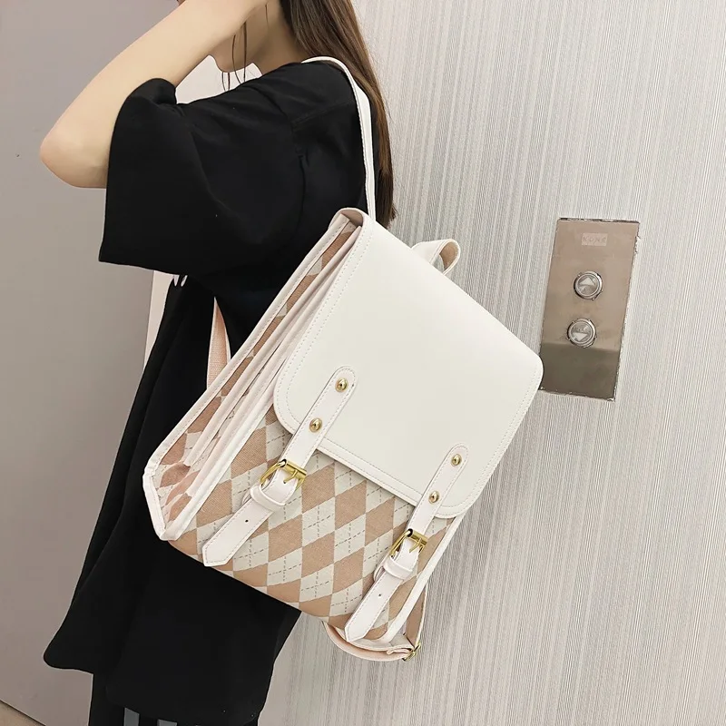 Korean Style Women\'s Backpack Fashion PU Leather Large Capacity Female Backpack sac a dos femme Luxury Lattice School Bag 2023