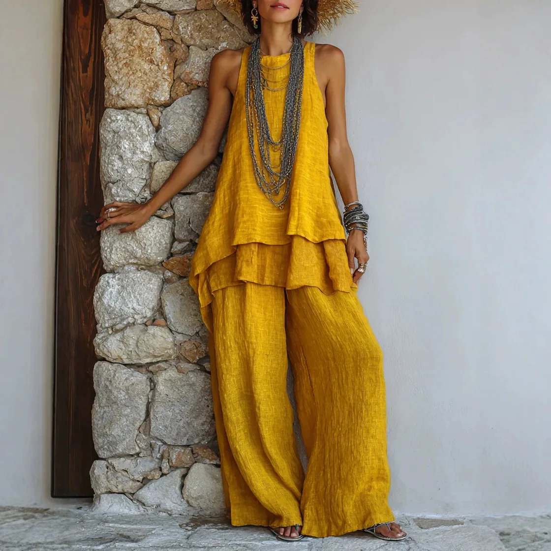 

Solid Color Cotton Linen Two Piece Set Vest Top Long Pants Women's Matching Sets Jumpsuit Playsuit