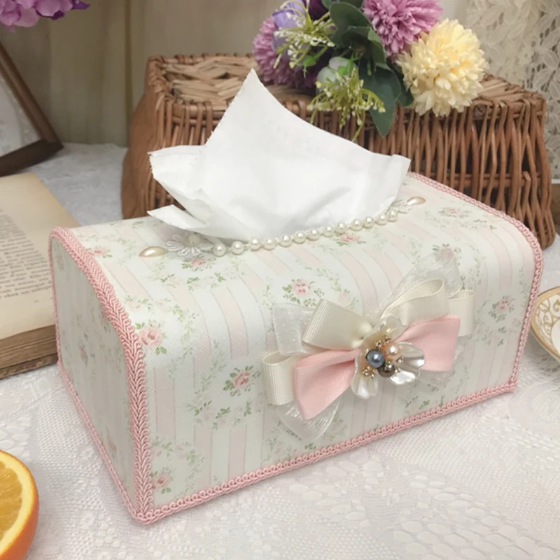 Exquisite Pink Tissue Box White Angel Lace Bow Craft Pearl Texture Home Decor Ornament Diningtable Coffeetable Napkin Holder