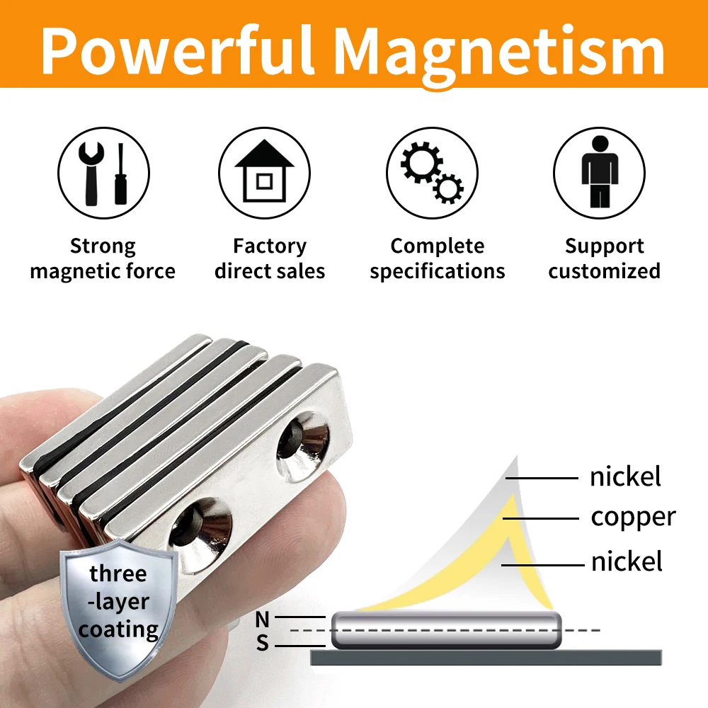 1/2/5/10/20PCS 50x15x5-5mm Long Strip Block   Neodymium Magnet Holes 5mm Countersunk Quadrate Permanent NdFeB Magnet 50*15*5-5 m