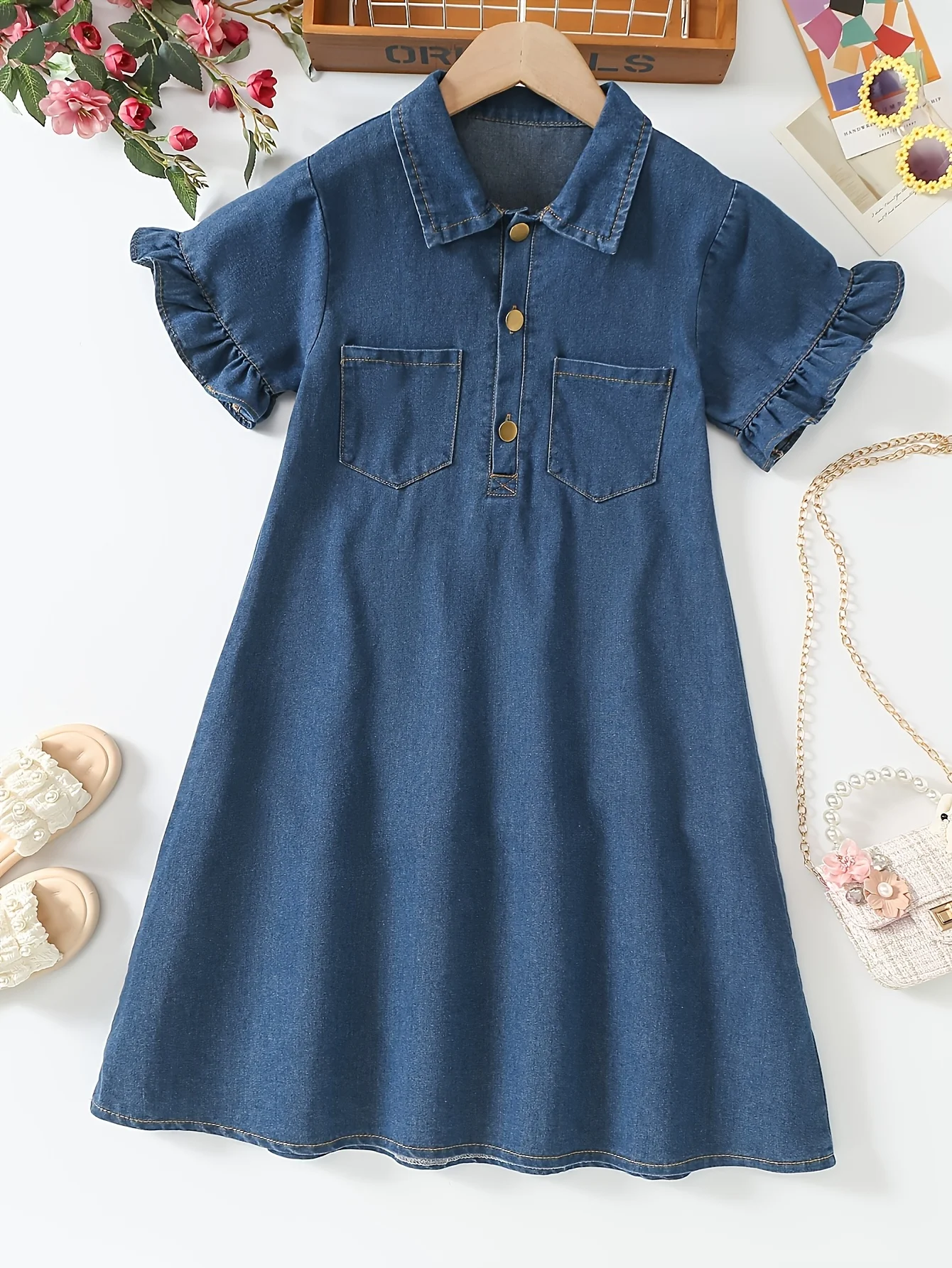 Kurzärmliges, lässiges, vielseitiges Cardigan-Kleid aus Denim für Mädchen