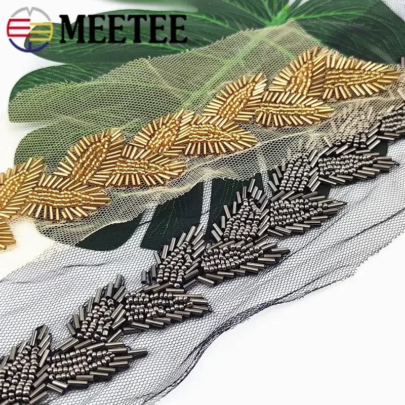 Meetee 6cm Pearl Beaded Lace Trims Leaf Mesh Fabric Ribbon Tape Band Weding Dress Collar Headdress Applique DIY Crafts