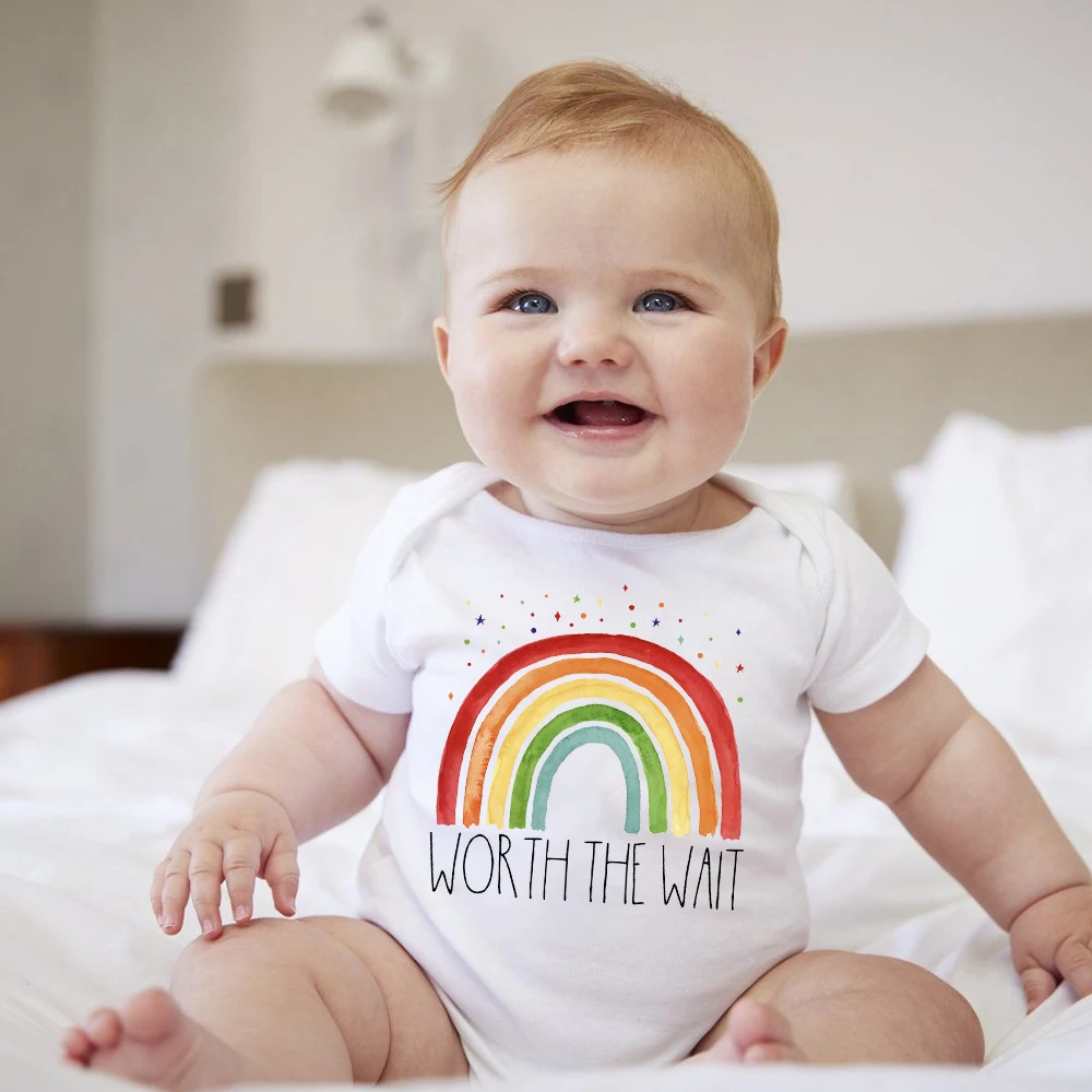 Infant Rainbow Romper Worth The Wait Print Baby Bodysuit Baby Boys Girls Pregnancy Announcement Bodysuits Clothes Newbron Gift