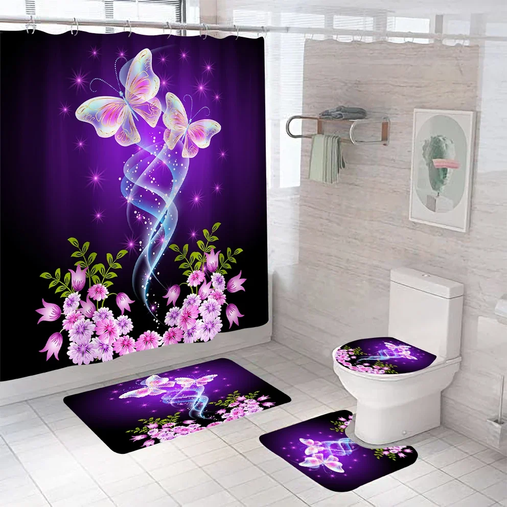 Colorful Butterfly Shower Curtain Set Waterproof Bathroom Anti-slip Bath Mat Toilet Rugs Carpet Home Decor