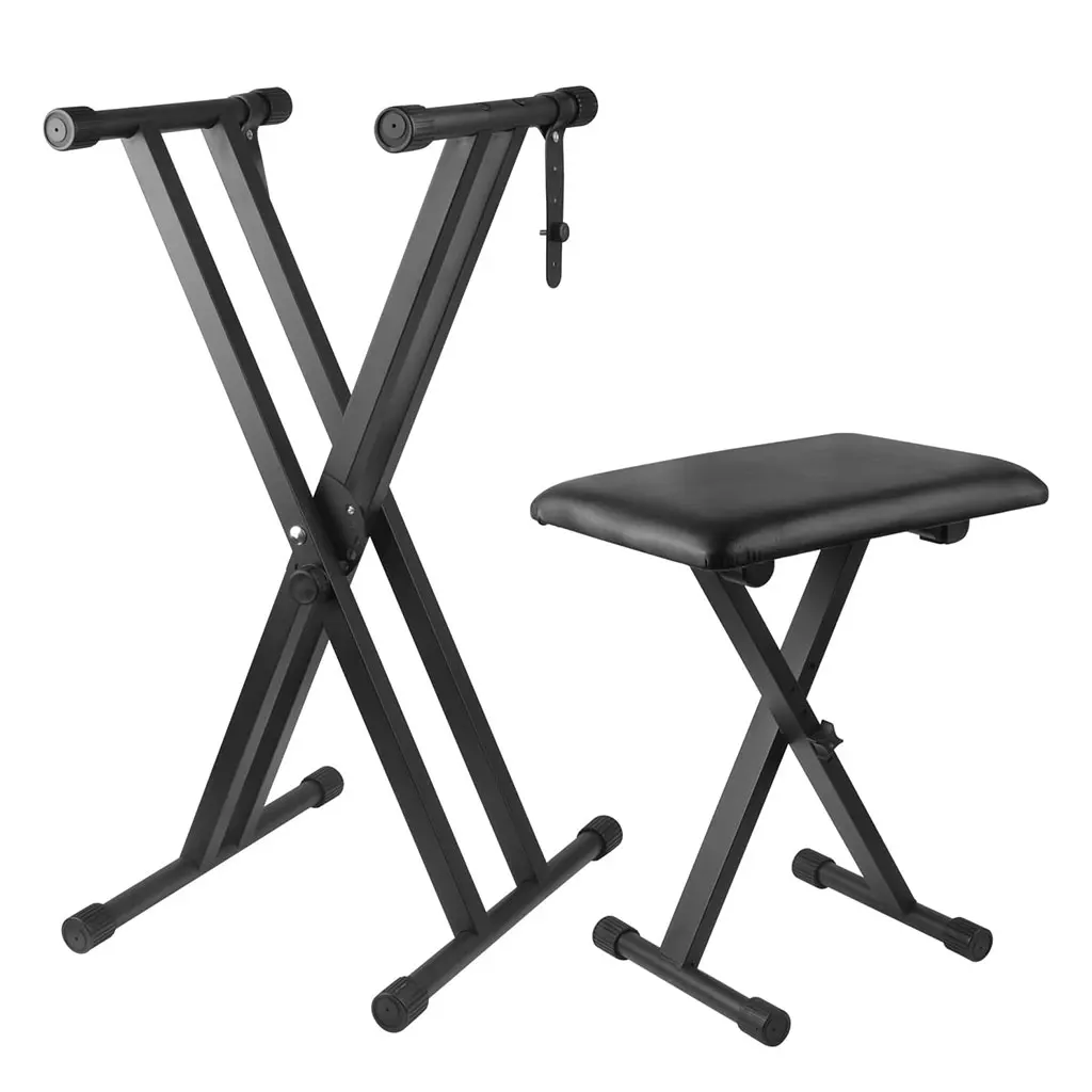 

Комплект: подставка для клавиатуры и стул — прочная двойная X-образная подставка, регулируемая портативная подставка для цифрового пианино с фиксирующими ремнями