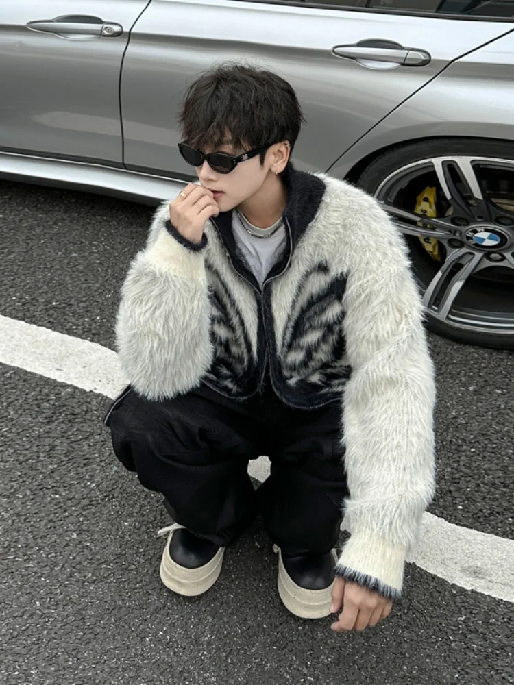 

American Sle Zipper Squirrel Fur Knitted Sweater Men's Street Faion Retro Collar Knitwear Casual Loose Fit Long Sve