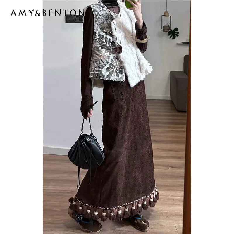 

New Chinese Style Retro Brown Women's Denim Skirt 2026 Autumn Winter Splicing Design Looes Tassel Long Straight Skirts Ladies