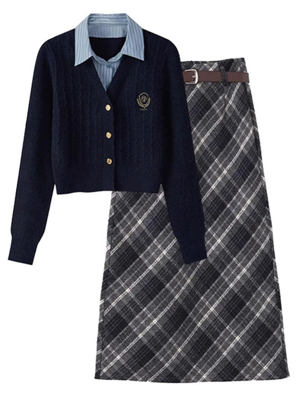 Faionable Large Size  Ne Plaid Knitted Top And High Waist  Skirt Two Piece Set Slimming Youthful College Sle