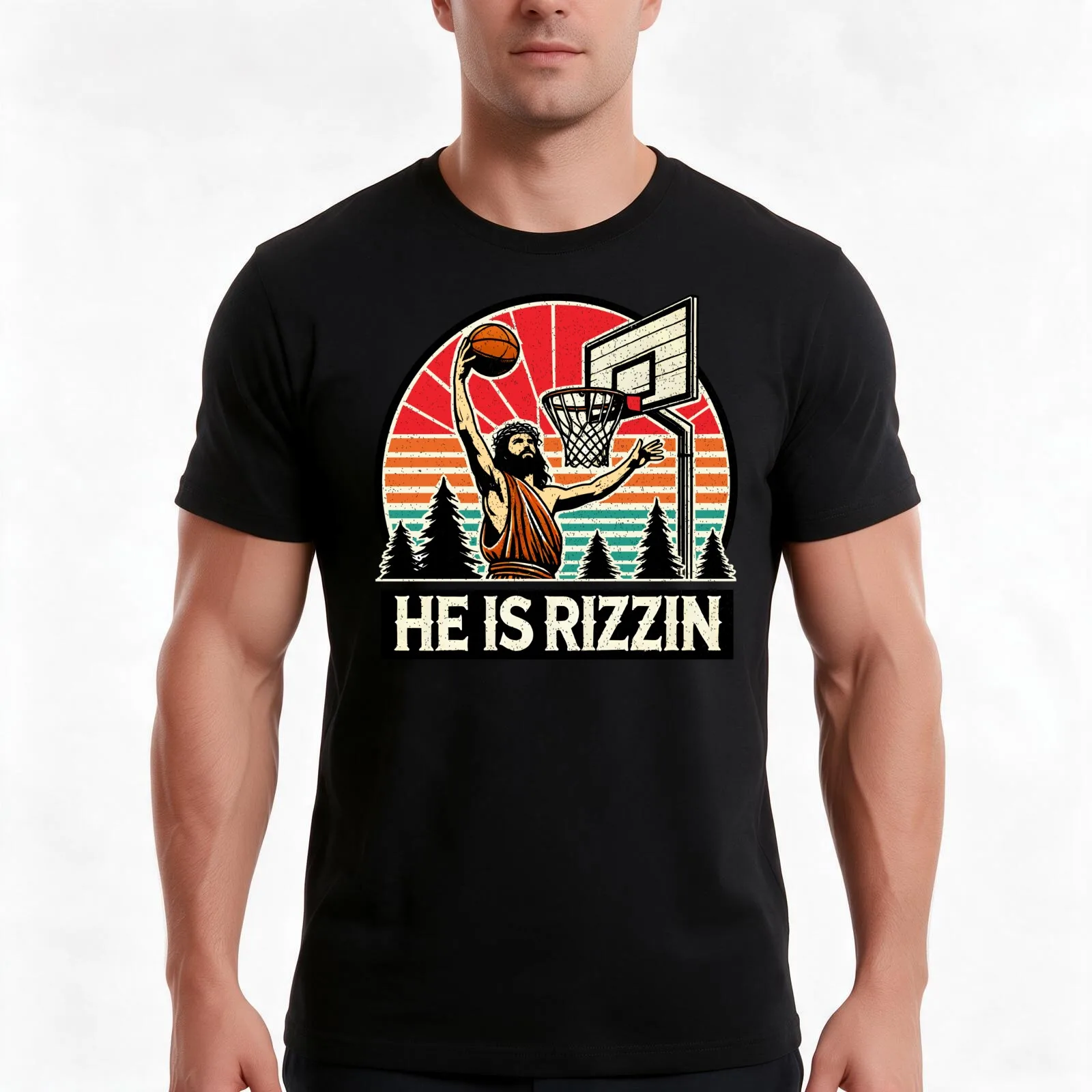 Funny Retro He Is Rizzin Christian Easter Playing Basketball T-Shirt, Summer Casual Cotton Tee, Oversized Streetwear Tops