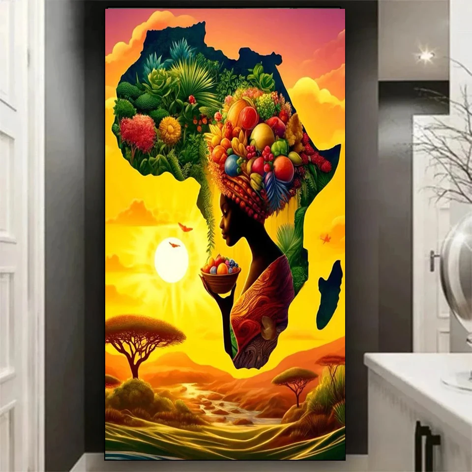 African Women's Map Large Diy Diamond Painting Full Square Round Diamond Mosaic Jewelry Cross Stitch Christmas Decorations Gift