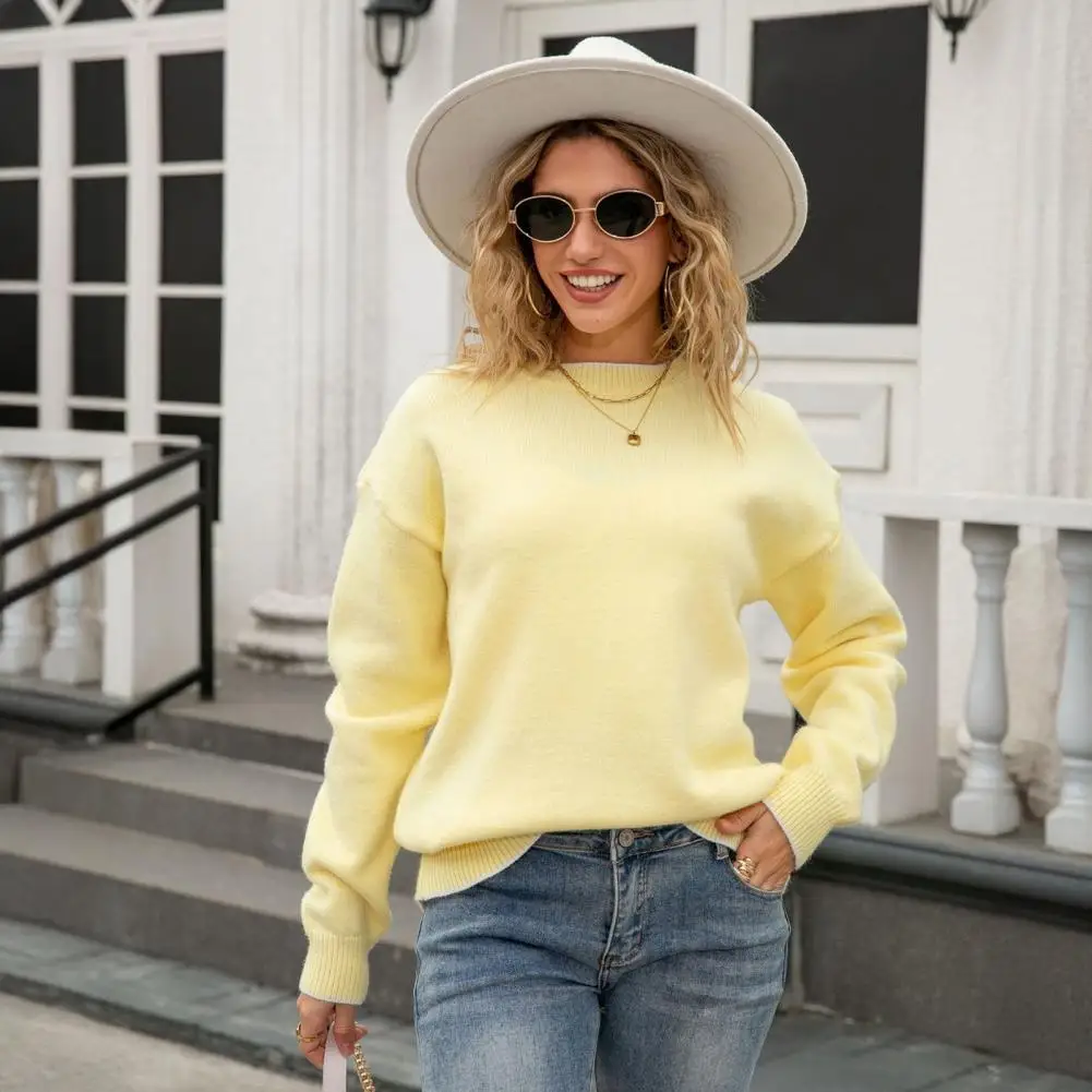 2025 Women Sweater Tops Round Neck Long Sleeve Ribbed Hem Cuff Knitting Tops with Back Bow Decor Solid Color Knitwear