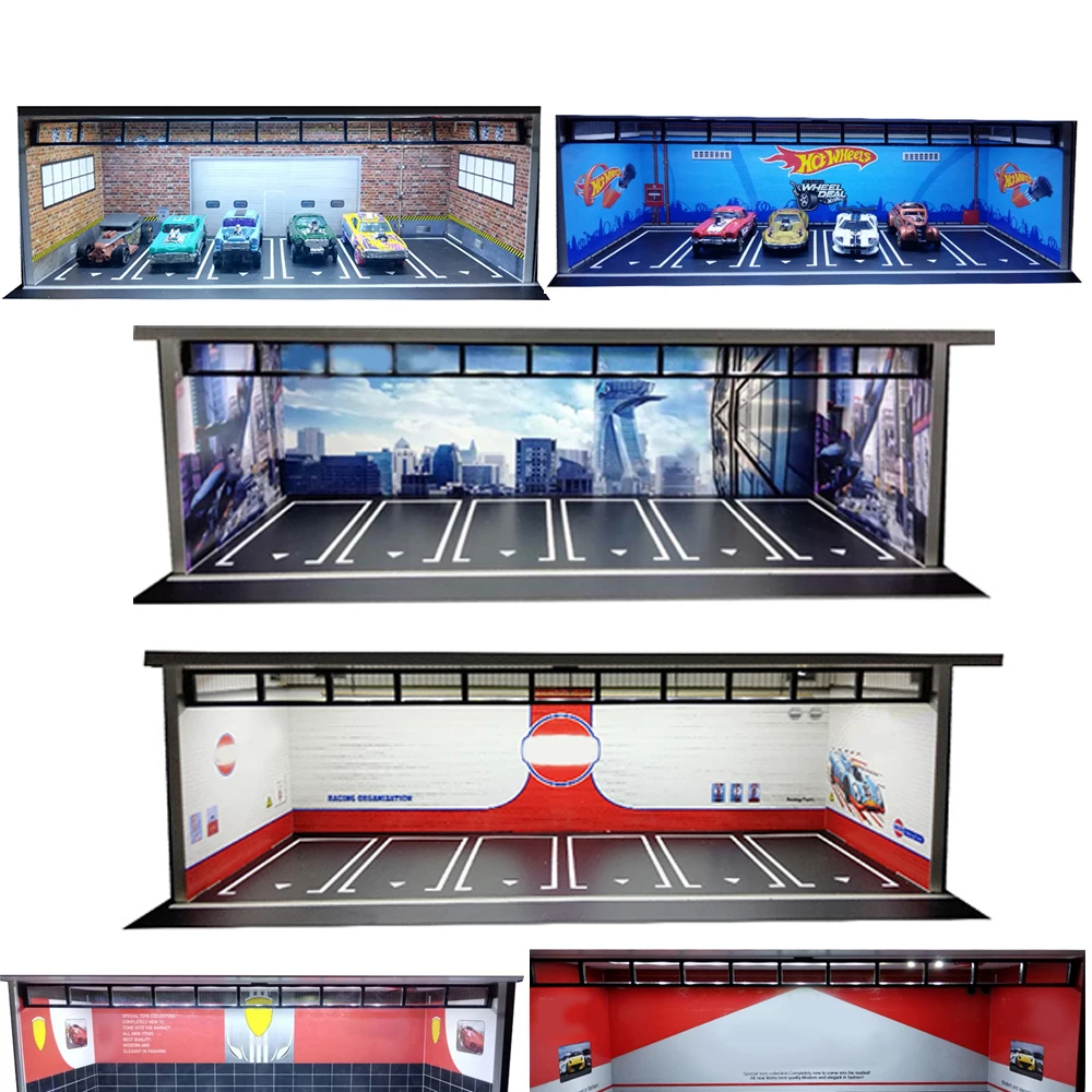 1:64 Car Garage Diorama Model Assemble LED Lighting Vehicle Parking Lot Miniatures Backdrop Display Scene Toy Collection Gifts