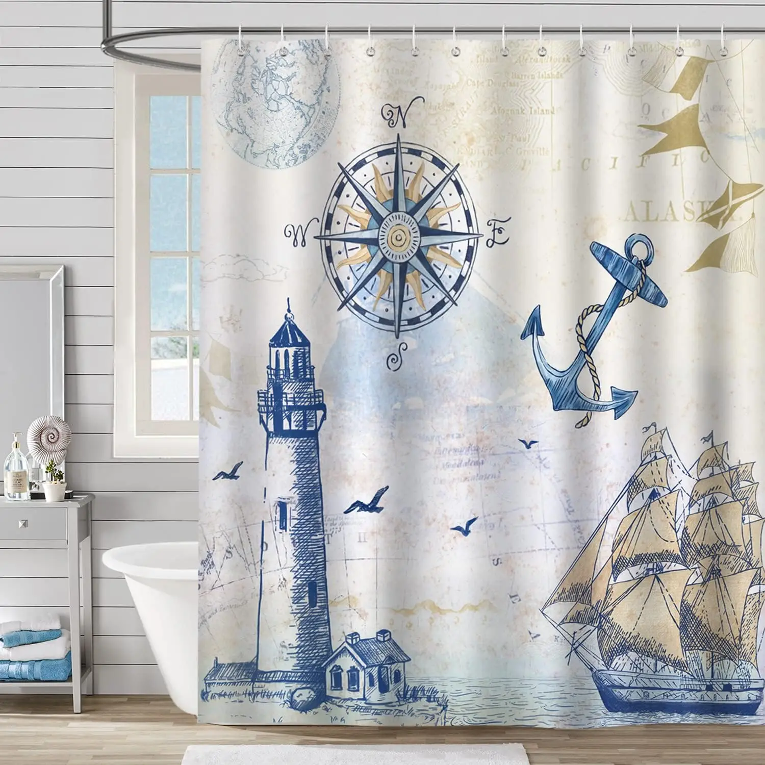 Nautical Shower Curtain, Coastal Lighthouse Compass Anchor Sailboat Bathroom DecorPolyester Fabric Waterproof Bathroom Curtain