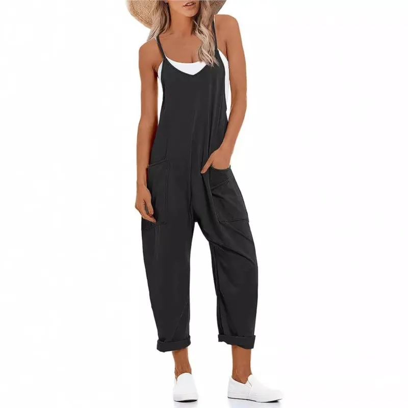 New Women's Solid Color Pocket Jumpsuit Tank Top European American Style Fashionable suspenders jumpsuit