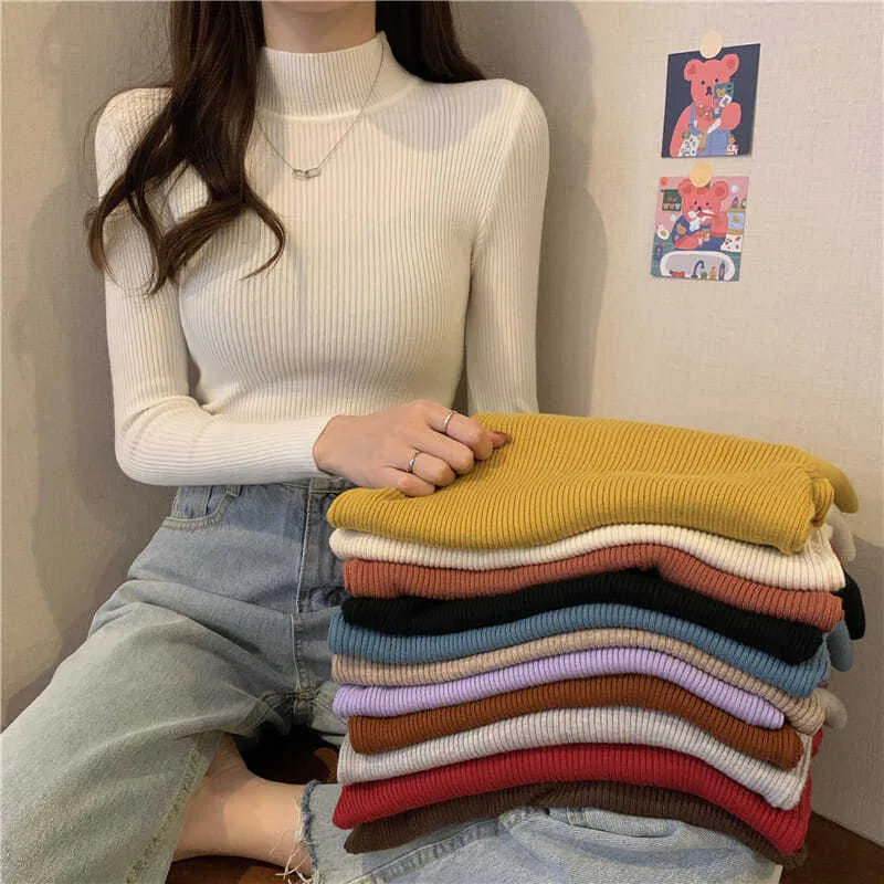 Lucyever Fall Winter Knitted Women Sweater Ribbed Soft Basic Half Turtleneck Sweaters Female Vintage Solid Simple Slim Jumpers