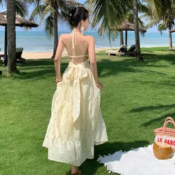 2024 New Women Backless Beach Luxury Designer Dress Summer Bow Tie Strappy Yellow Vacation Female Y2K Birthday Long Sundress