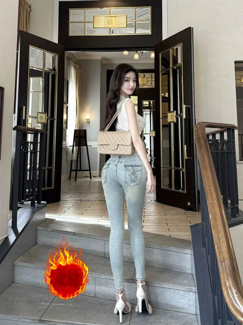 

Флисовые зимние облегающие джинсы длиной до щиколотки с высокой талией, три цвета, увеличивающие ноги брюки, женские модные летние новые поступления